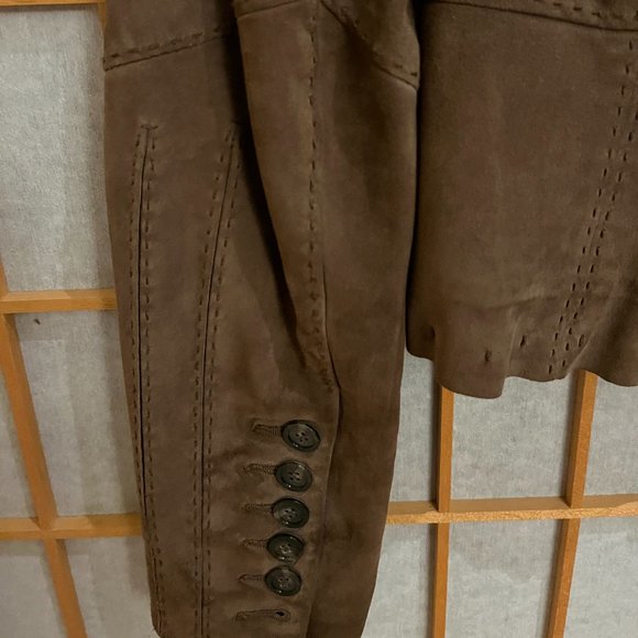 Light Brown Elie Tahari Womens Petite Small Sueded Leather Jacket with Bead Trim - Picture 4 of 7